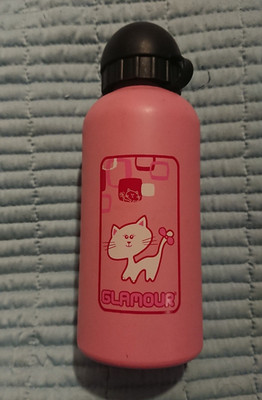 2004 Withit World Kinder kompakte kleine Metall Trinkflasche Flachmann rosa Katze Y2K