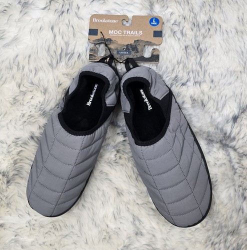 NWT BROOKSTONE MOC TRAILS INSULATED SHOES UNISEX Sz L GREY WITH BLACK SLIP ON