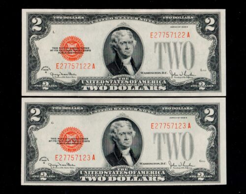 $ 2 1928-G Red Seal United States Uncirculated X 2 Sequentially Numbered #165