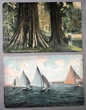 2 c 1910 VANCOUVER BC Redwoods STANLEY PARK Harbor YACHTING Postcard Antique