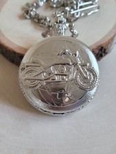 Vintage Style Pocket Watch W/ Chain - 46mm Quartz Pocket Watch Silver Motorcycle