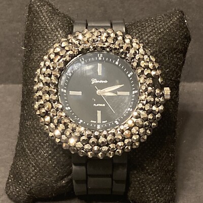 Vintage Geneva Platinum 2105 Japan Chunky Black Rhinestone 