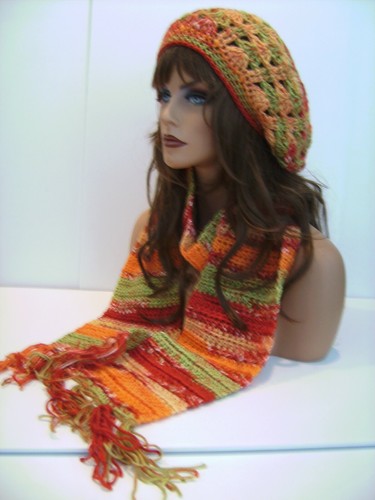 ORANGE GREEN MULTI HAT AND SCARF SET BERET CLOCHE BAGGY SLOUCHY TAM CROCHET - Picture 9 of 12