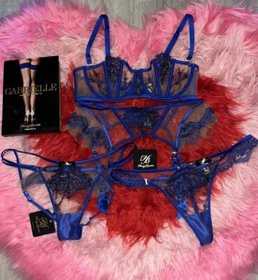 Honey Birdette 5pc Gabrielle Blue 34D, medium garter, thong, Open