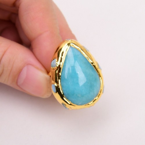 Natural Blue Peruvian Amazonite Larimar Paved Gold Electroplated Rings Adjust - Imagen 2 de 12