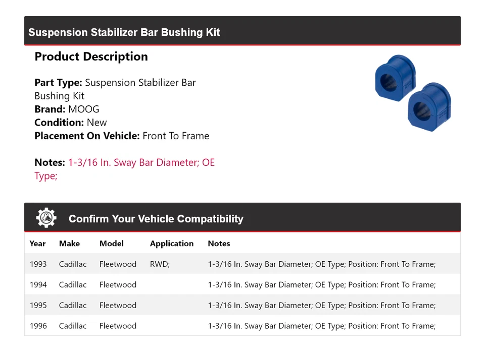 Kit de buje de barra estabilizadora de suspensión para Cadillac Fleetwood 1993-1996 MOOG 1993 Foto 2 de 4