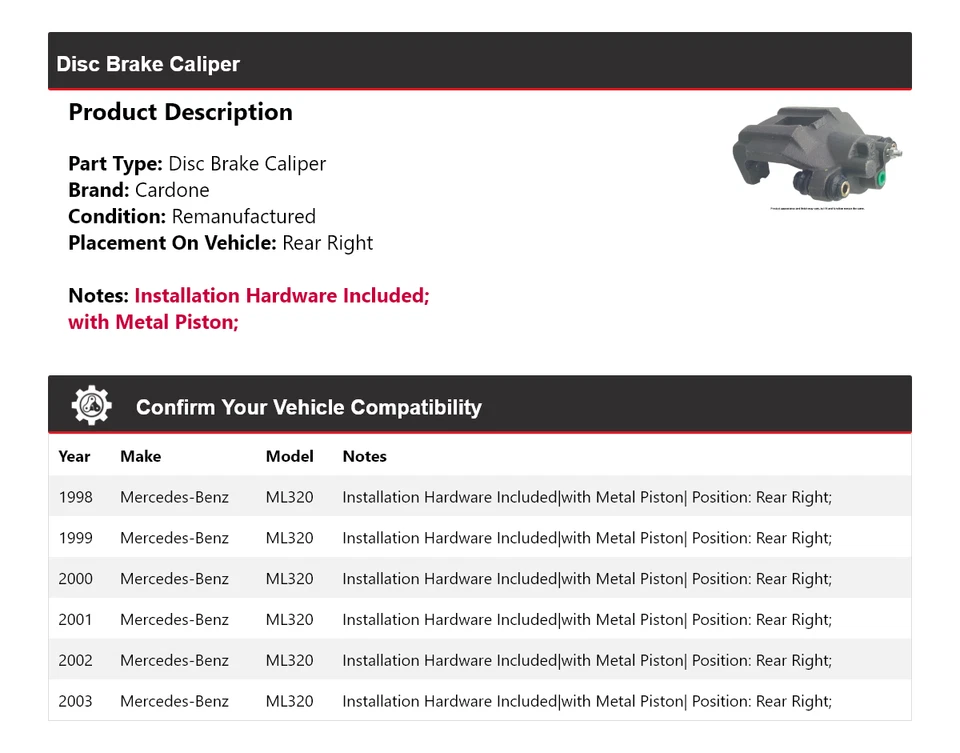 Pinza de freno de disco trasera derecha cardone 1999 para Mercedes-Benz ML320 1998-2003 Foto 2 de 4