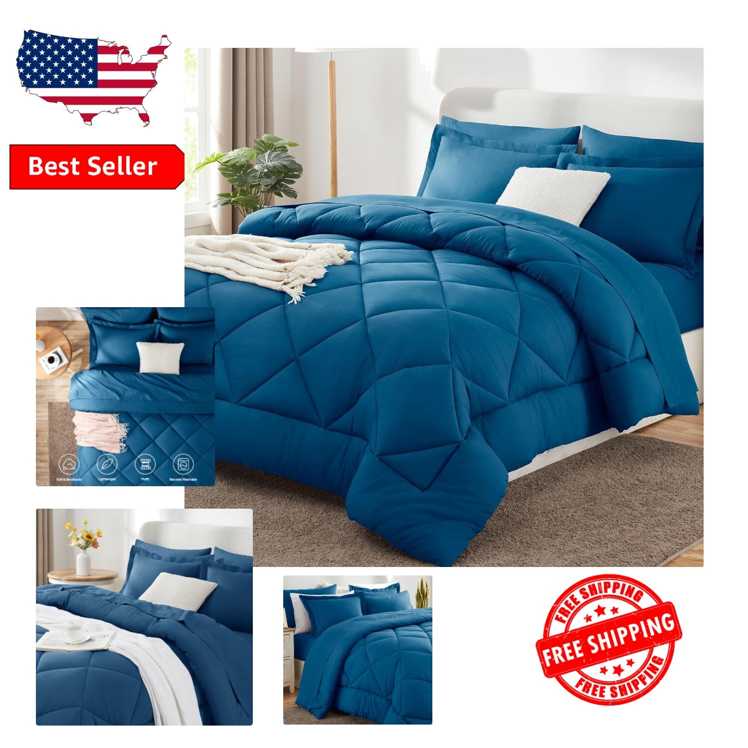 Classic Teal 7-Piece Full Comforter Set - Includes Fitted Sheets and Pillowcases