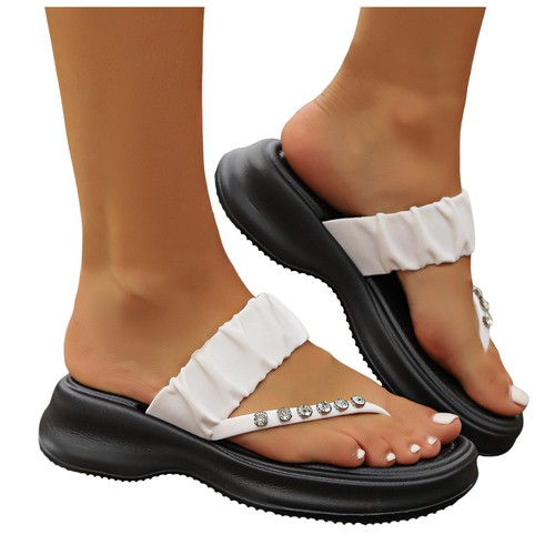 Women Sandals Wedge Heel Bright Diamond Decoration Fashion Thick Bottom Slippers - Picture 12 of 27