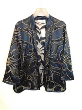 Chico's Travelers 3 XL NWT Dark Blue Gold Applique Jacket 3/4 Sleeve Open Front