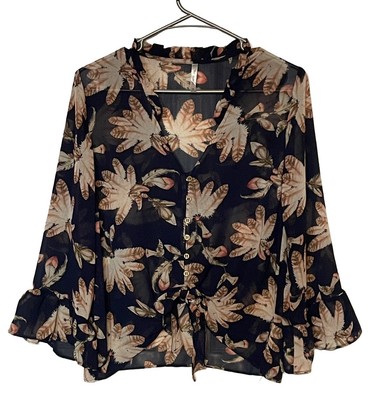d.n.a Couture Floral Tie Front Blouse Navy Beige Ruffle Sheer Top M