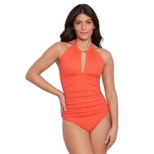 Ralph Lauren High-Neck 1-Piece Swimsuit Tummy Control Orange NWOT Size 16 135