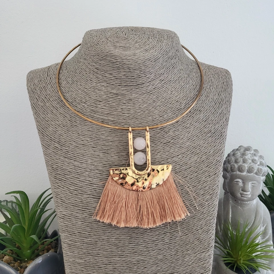 Collar Gargantilla Hippy Boho Oro Rosa Borla Colgante Cuentas de Vidrio Tono Dorado Metal Foto 3 de 4