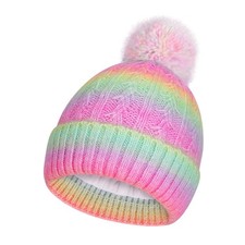 Girls Rainbow Pom Beanies 7-12 Years, Pompom - Rainbow fleece Lined 