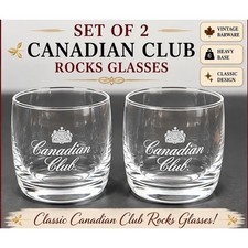 Canadian Club Whiskey Rocks Glasses Set of 2 Etched Logo Weighted Base Clear 3in