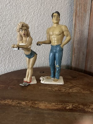 Bottoms Up R Demars Ganz Sexy Blonde Girl & Hot Guy Beer Can Holders Set