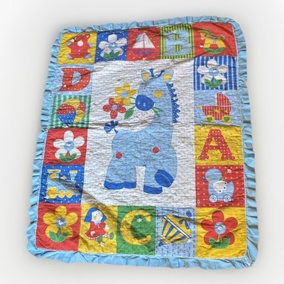 Vintage Blue Ruffle Crib Baby Blanket Quilt, ABC Giraffe 43 x36 