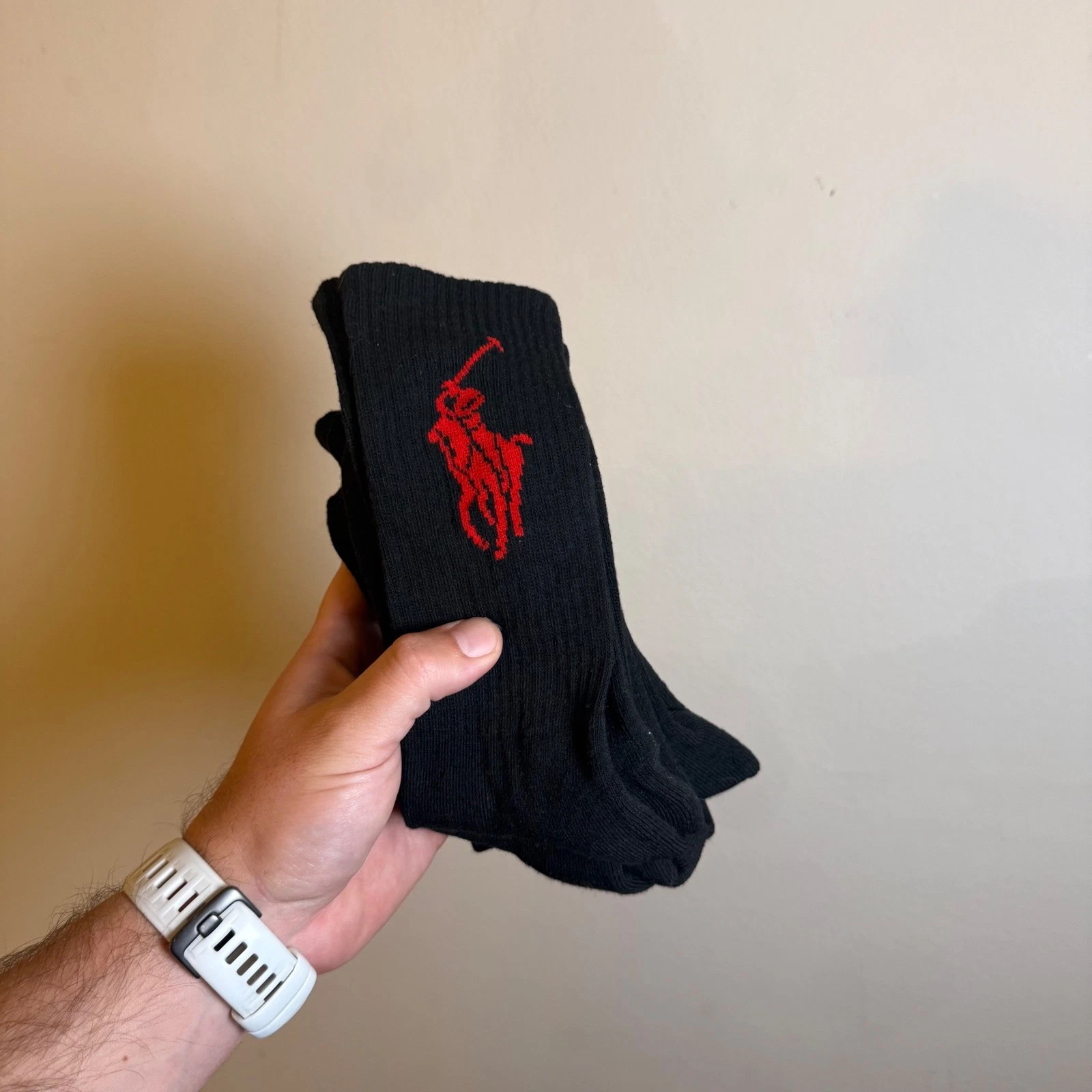 Polo Ralph Lauren Mens Crew Socks Black Red Embroidered Pony Logo Ribbed Knit