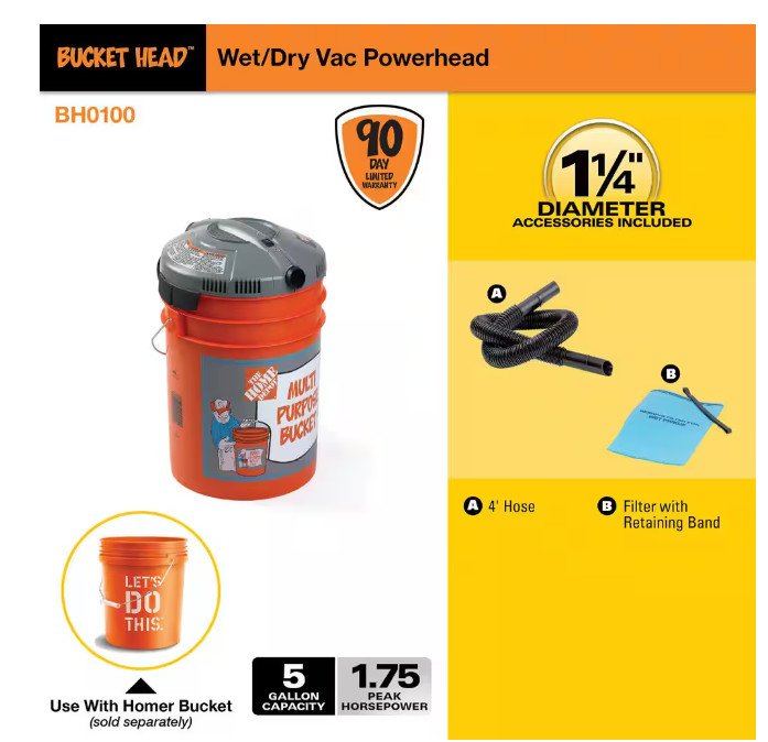 Bucket Head 5 Gal. 1.75 Peak HP Wet/Dry Vac Powerhead w/ Filter Bag & Hose