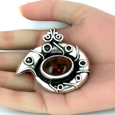 Vintage Baltic Amber, Sterling Silver Snail Shell Pendant