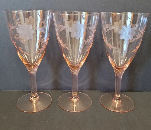 3 Vintage Etched Floral Pink Depression Glass 7" Wine Unknown