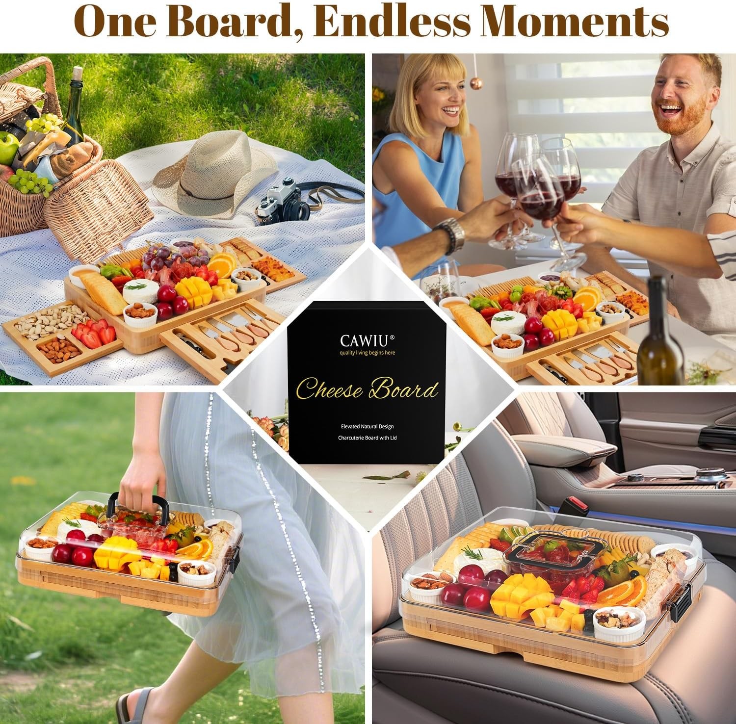 Charcuterie Board with Lid – Large Bamboo Cheese Set Black 