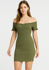 NWT GAP Women’s Off-Shoulder Smocked Stretch Cotton Blend Mini Dress Green Sz L