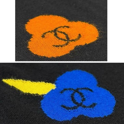 CHANEL Vintage 00T CC Camelia Logo Knit Sweater #42 Black Orange