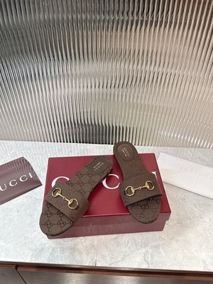 Gucci Horsebit GG Canvas Slide Sandals Brown Women's Flat Shoes