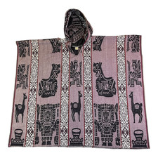 Handmade Alpaca Poncho Hooded Peru Cusco Andean Llama Motif Wool Blend Unisex