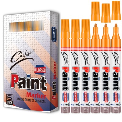 Permanent Paint Pens Orange Markers - 6 Pack Never Fade Oil-Based Paint Marke...