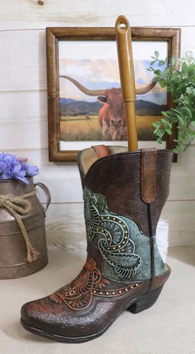 Western Türkis Blumen verziert Leder Cowboystiefel Toilettenbürste und Halter Set - Bild 1 von 7