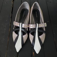 Zara Woman Pointed Toe Ballerina Flats Kitten Heel Grey White Black Gold Studs