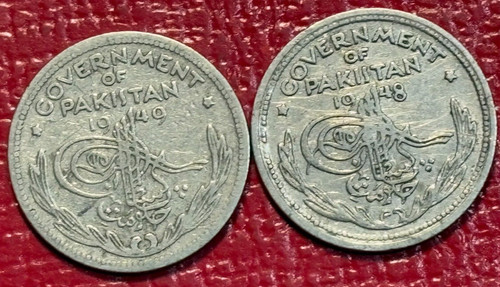 LOT OF 2 VINTAGE VERY FINE 1948/1949 PAKISTAN 1/4 QUARTER RUPEE COIN-MAR642