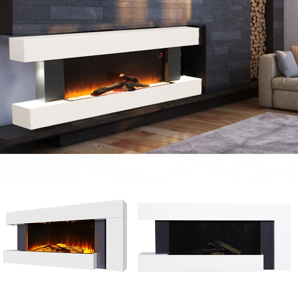 White Wall Mounted Log Fireplace Suite Electric Fire Decor Flame Glass  37u0026#039;u0026#039;-52u0026#039;u0026#039; | eBay