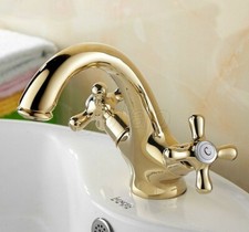 Bathroom Faucet Vanity Gold Color Brass Dual Handle 1 Hole Basin Sink Mixer Tap
