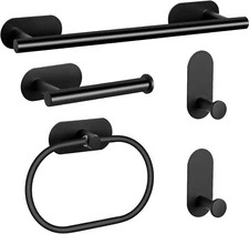 5 Pcs Stainless Steel Bathroom Hardware Set, Self Adhesive,Matte Black, Bathroom