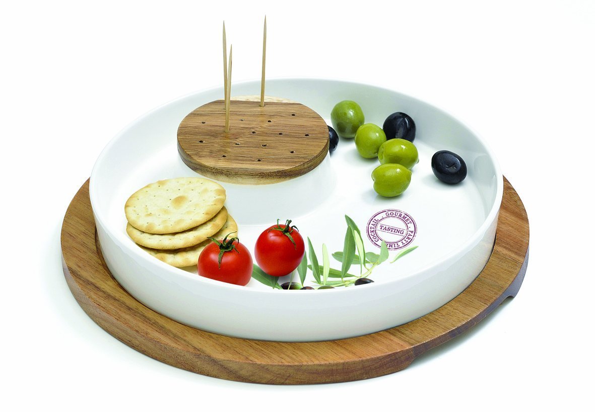 EasyLife Serving Dish With Porcelain Plate, Cocktail Pick Holder On Acacia Tray