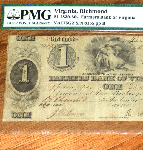 ONE DOLLAR Farmers Bank of Virginia Richmond $1 1861 PMG 20 NET Civil War Era - Picture 4 of 6