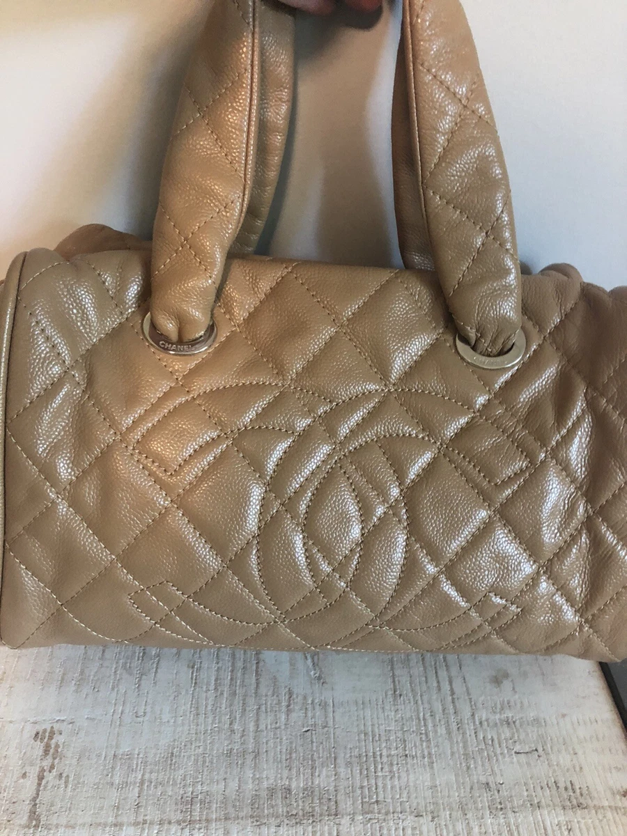 Chanel Classic Stitched CC Bowler Beige Caviar Quilted Leather Satchel Bag