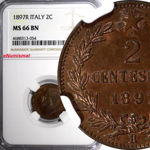 ITALY Umberto I Copper 1897 R 2 Centesimi NGC MS66 BN TOP GRADED KM# 30 (054)