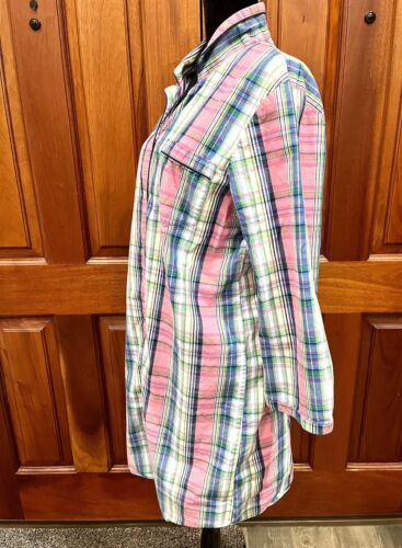 Lands’ End Night Gown Shirt Women Sz M 10-12 Pink Blue Plaid Cotton - Picture 2 of 6