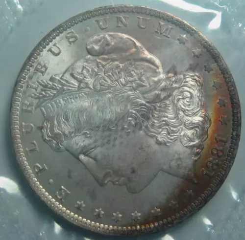 1881-O RAINBOW TONED GSA MORGAN DOLLAR~NGC MS64 OBVERSE TEXTILE CRESCENT TONED*