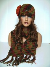 FALL COLORS MULTI HAND CROCHET FLOWER HAT AND SCARF SET BEANIE SKULL SKI CAP TAM