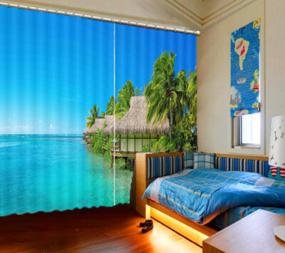 Curved Coastline Sea 3D Curtain Blockout Photo Printing Curtains Drape Fabric