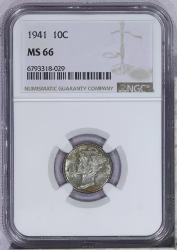 1941 Mercury Dime 10c NGC MS66 - Cool shade of blue!