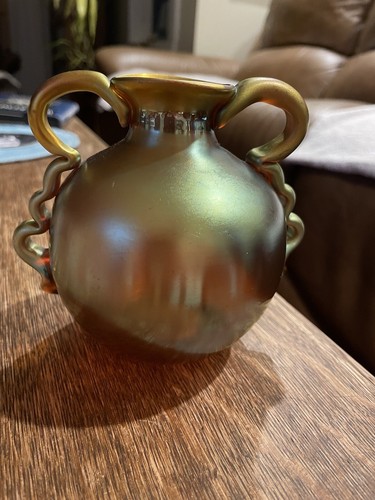 RARE MYRA WMF Art Nouveau GOLD AURENE IRIDESCENT art glass 2 HANDLE VASE - 第 1/5 張圖片