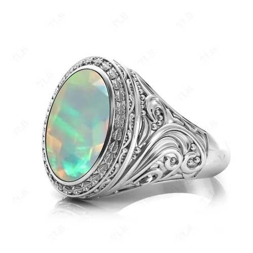Anillo de sello de boda de ópalo de oro de 18 quilates, 10 quilates de 17 X 12 mm con piedras preciosas para hombre - Imagen 3 de 5