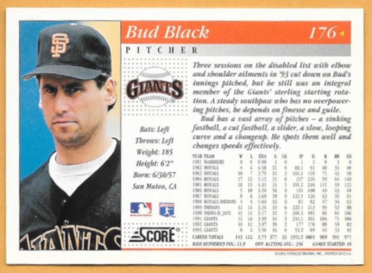 やす⭐️ BUD BLACK SAN FRANCISCO GIANTS #176 - SCORE NM-MT 1994 | eBay