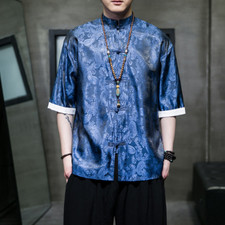 Men Faux Silk Tang Suit Shirt Half Sleeve Top Shiny Tai Chi Blouse Chinese Retro